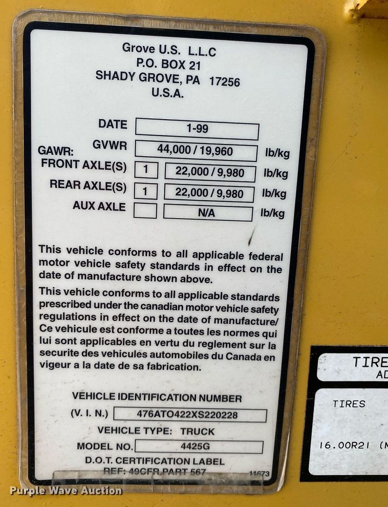 image for item DI7829 1999 Grove 4425G  crane