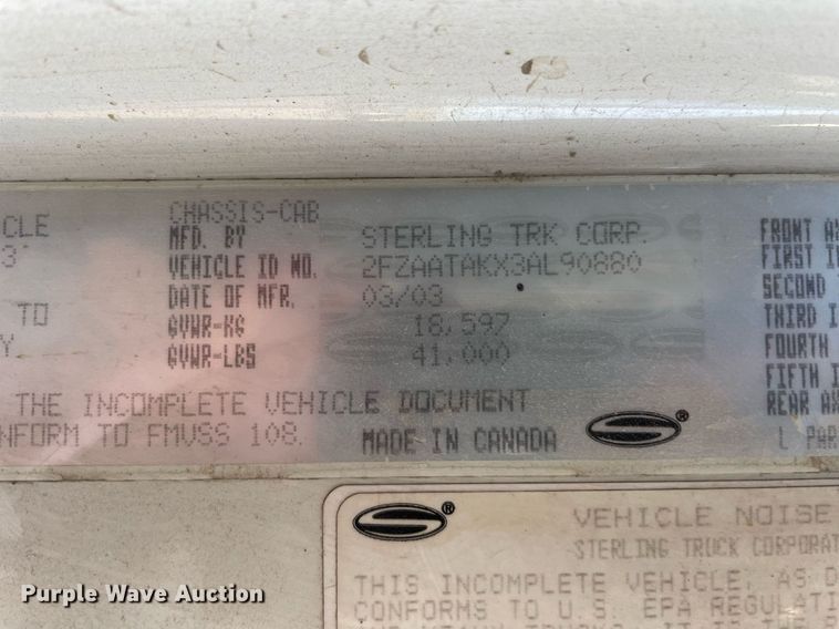 image for item DL3800 2003 Sterling L7500  vacuum truck