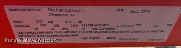 image for item DL3811 2019 Pro Fabrication Inc RTM5.2KFB-O  reel trailer