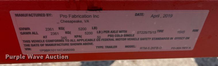 image for item DL3814 2019 Pro Fabrication Inc RMT5.2KFB-O  reel trailer