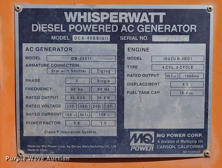 image for item DN6495 2006 Multiquip Whisperwatt  generator