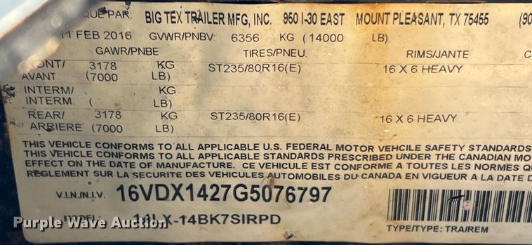 image for item II9204 2016 Big Tex 14LX-14BK7SIRPD  dump trailer