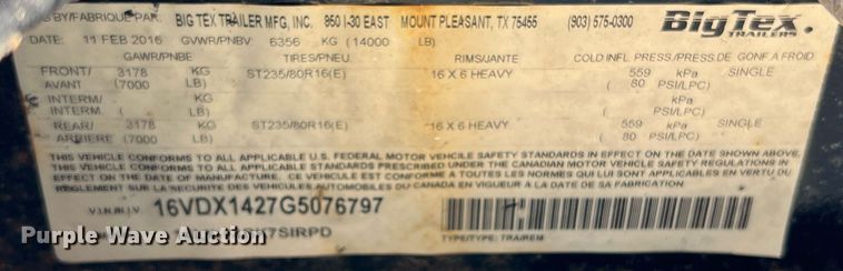 image for item II9204 2016 Big Tex 14LX-14BK7SIRPD  dump trailer