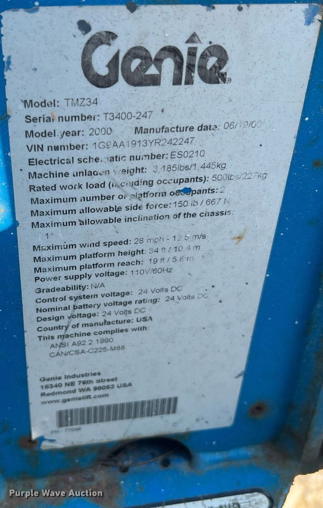 image for item II9210 2000 Genie TMZ-34/19  boom lift
