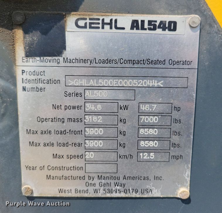 image for item JO9256 2014 Gehl AL540  wheel loader