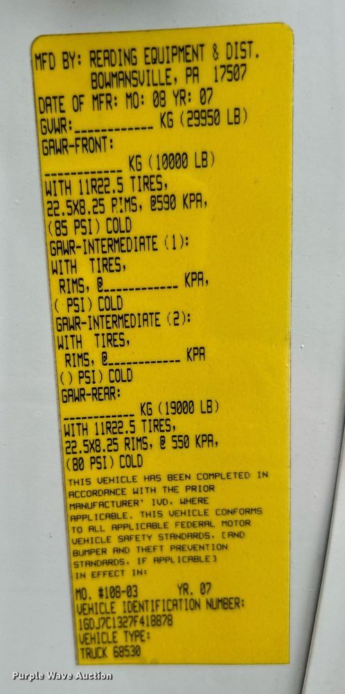 image for item KW9217 2007 GMC C7500  dump truck