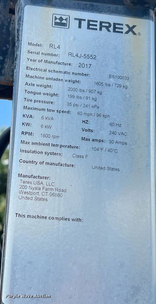 image for item LF9287 2017 Terex Genie RL4  light plant