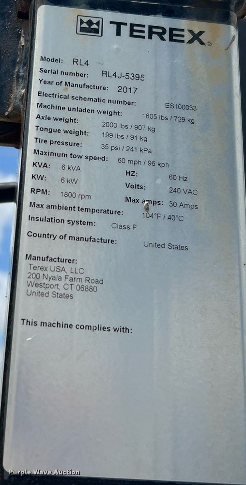 image for item LF9289 2017 Terex RL4  light plant