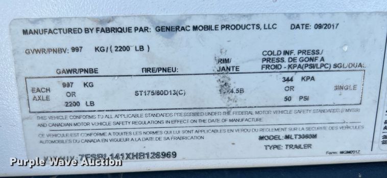 image for item LF9300 2017 Generac MLT3080M  light plant