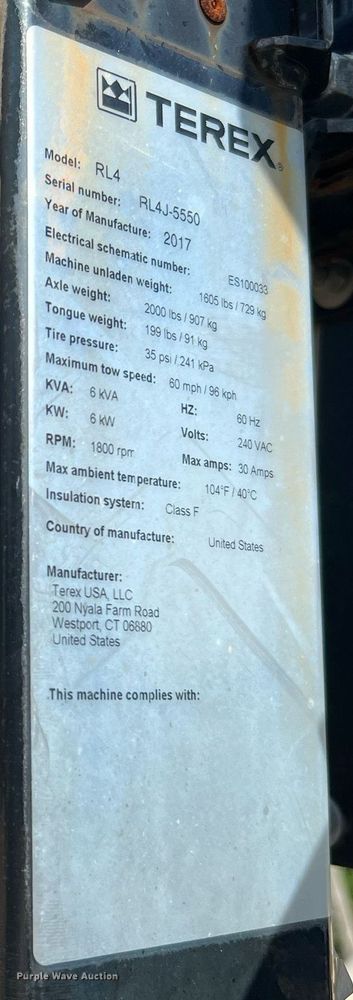 image for item LF9301 2017 Terex Genie RL4  light plant