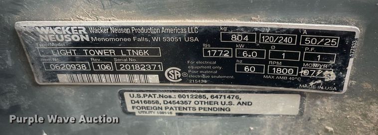 image for item LJ9767 2013 Wacker Neuson LTN6K  light plant