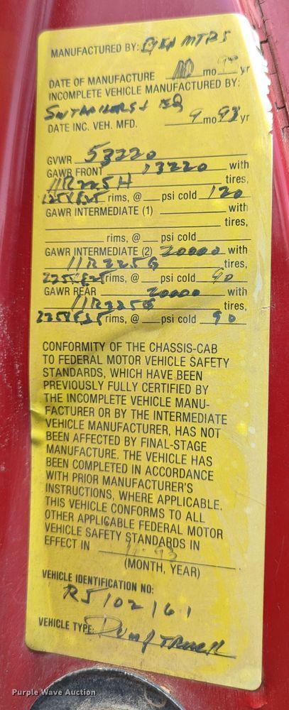 image for item LM9817 1994 Chevrolet Kodiak C6500  dump truck