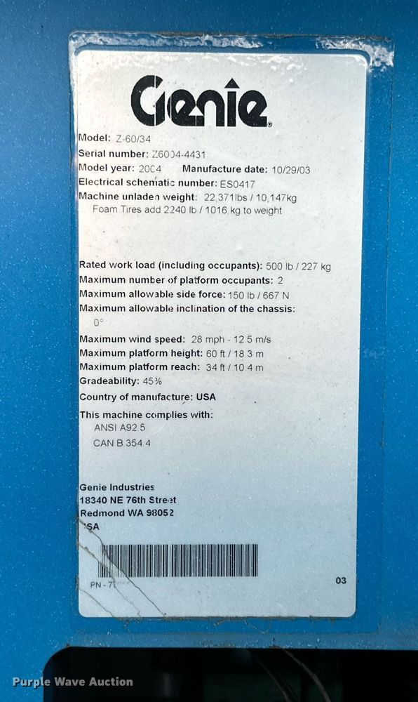 image for item MB9584 2004 Genie Z-60/34  boom lift