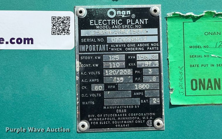 image for item MG9302 Onan 125DFH4R8  generator