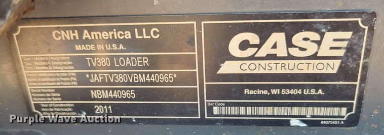 image for item MY9357 2011 Case TV380  tracked skid steer loader
