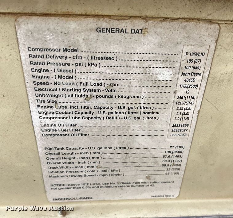 image for item NI9807 2000 Ingersoll Rand P185WJD  air compressor