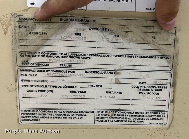 image for item NI9808 2004 Ingersoll Rand P185WJD  air compressor