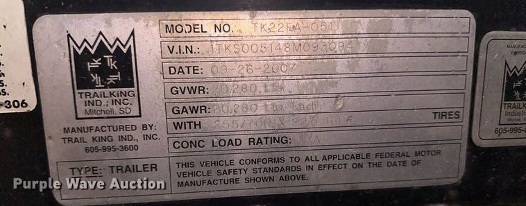 image for item OC9018 2008 Trail King TK22FA-051  pin-on axle