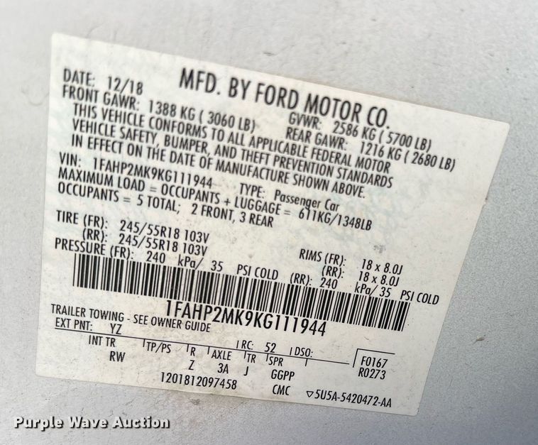 image for item IR9252 2019 Ford Taurus Police Interceptor