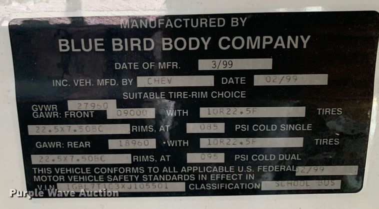 image for item LH9693 2000 Blue Bird CV20  school bus