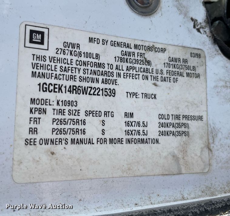 image for item LS9316 1998 Chevrolet K1500  pickup truck