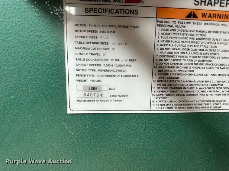 image for item NP9397 2006 Grizzly Industrial G1035  shaper