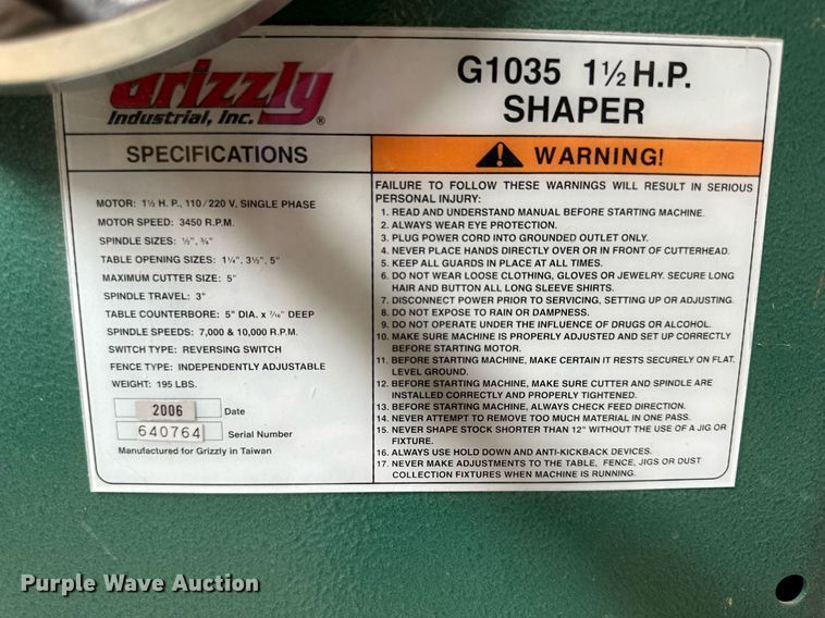 image for item NP9397 2006 Grizzly Industrial G1035  shaper