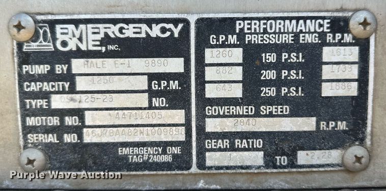 image for item NY9280 1992 E-One  pumper fire truck