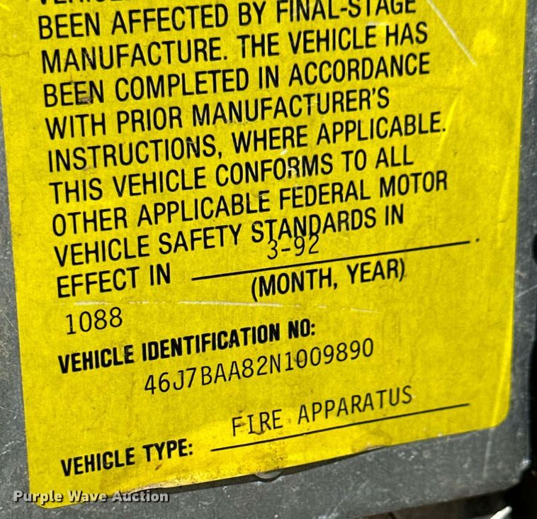 image for item NY9280 1992 E-One  pumper fire truck