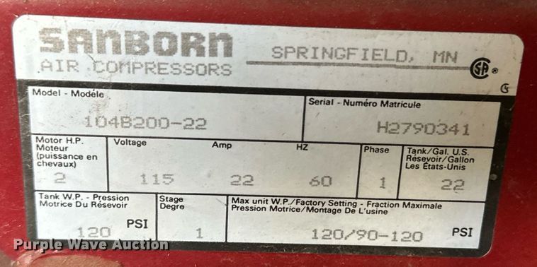image for item NY9294 Sanborn 104B200-22  air compressor
