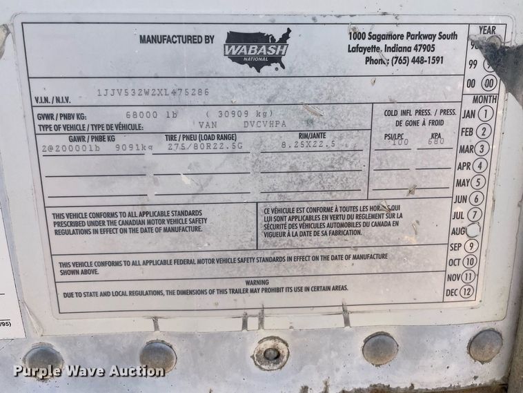 image for item LS9310 1999 Wabash DVCVHPA  dry van trailer