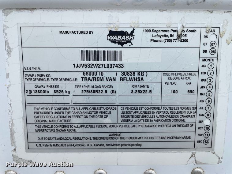 image for item LS9312 2007 Wabash RFLWHSA  refrigerated van trailer