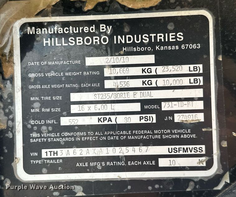 image for item MB9607 2010 Hillsboro 731T  equipment trailer