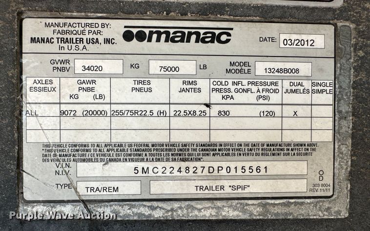 image for item NE9014 2013 Manac 13248B008  drop deck trailer