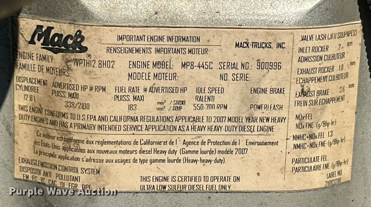 image for item NP9770 2008 Mack GU713  truck cab and chassis