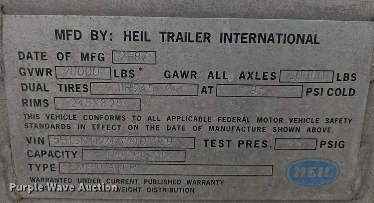 image for item NT9702 1997 Heil  pneumatic dry bulk trailer