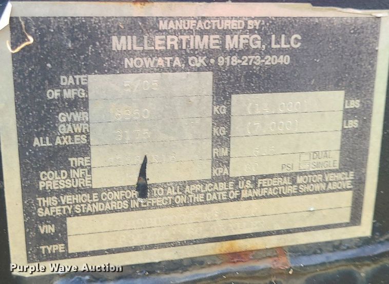 image for item BR9785 2005 Millertime Mfg  equipment trailer