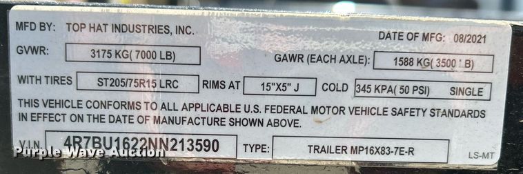 image for item DI7897 2022 Top Hat MP16X38-7E-R  utility trailer