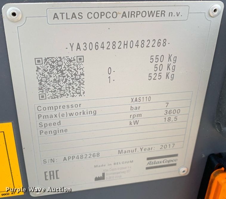 image for item DK7759 2017 Atlas Copco XAS110  air compressor