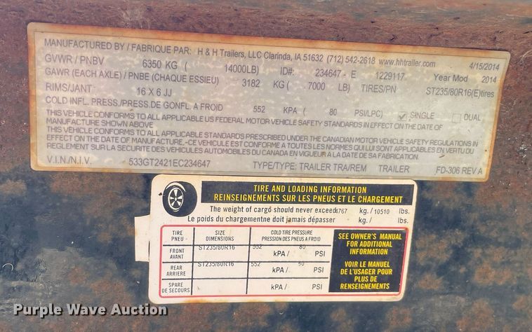 image for item DL3832 2014 H&H  tilt deck equipment trailer