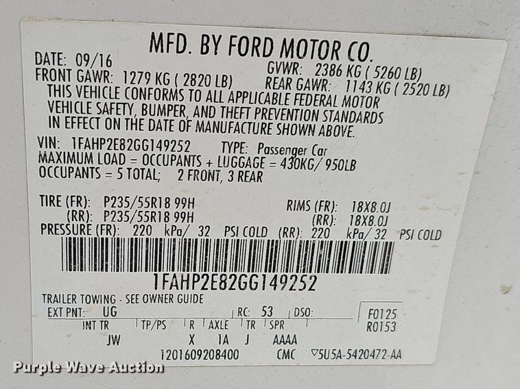 image for item DR3380 2016 Ford Taurus SEL