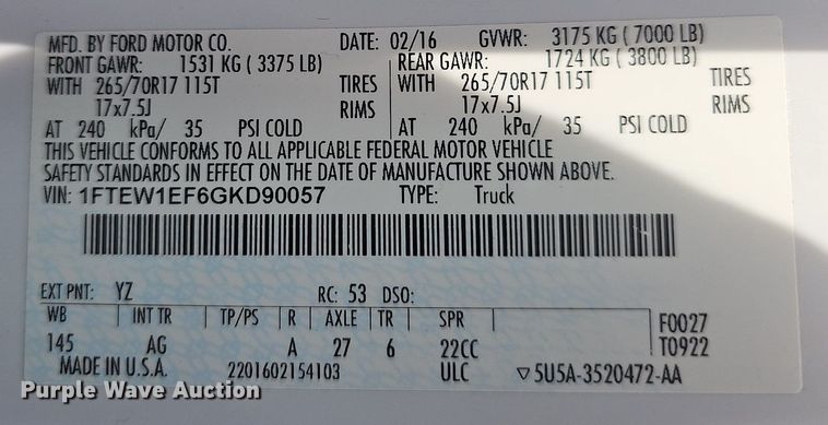 image for item DR3381 2016 Ford F150 XL  SuperCrew pickup truck