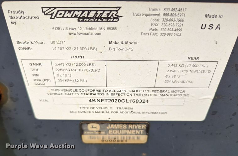 image for item KB9423 2012 Towmaster Big Tow B-12  equipment trailer