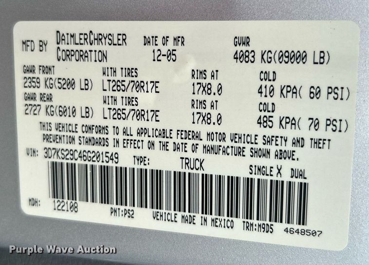 image for item KW9172 2006 Dodge Ram 2500  Mega Cab pickup truck