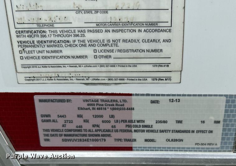 image for item KW9185 2014 Vintage Trailers, LTD. OL828GN  enclosed cargo trailer