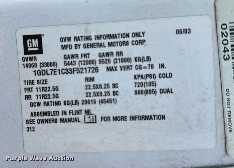 image for item KW9198 2003 GMC C7500  flatbed truck