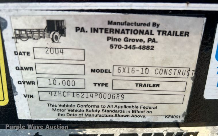 image for item KW9219 2004 PA International  utility trailer