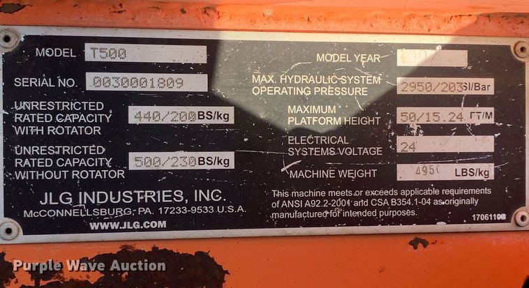 image for item LH9708 2007 JLG T500J  boom lift