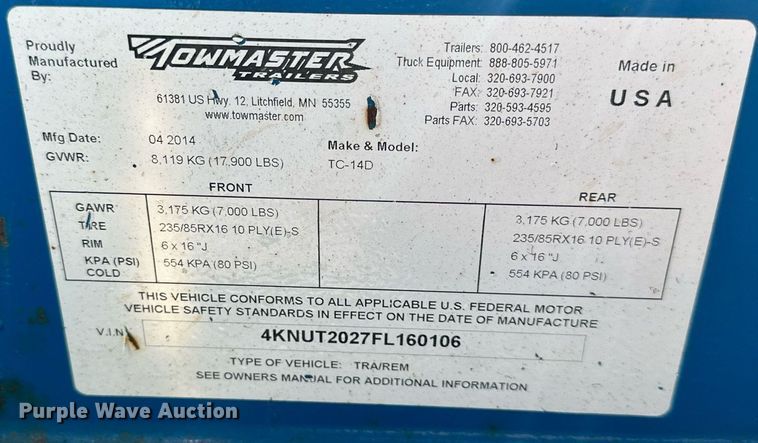 image for item LP9997 2015 Towmaster  equipment trailer