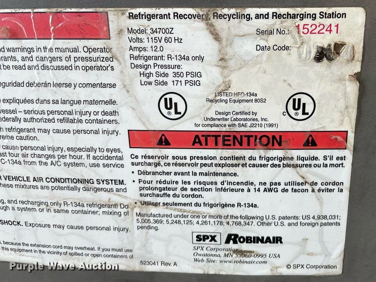 image for item LS9303 SPX Robinair Cooltech 34700Z  refrigerant recovery, recycling, and recharging station